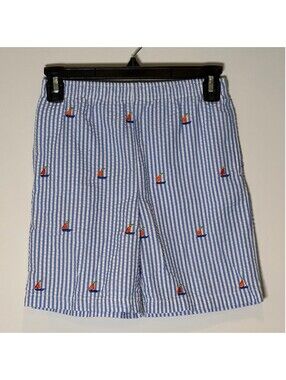 Kelly's Kids Sailboat Seersucker Shorts 7-8 Blue White Preppy